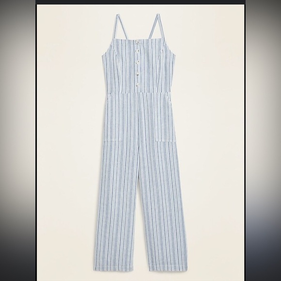 Old Navy Pants - Old Navy Blue and White Striped Linen-Blend Jumpsuit
